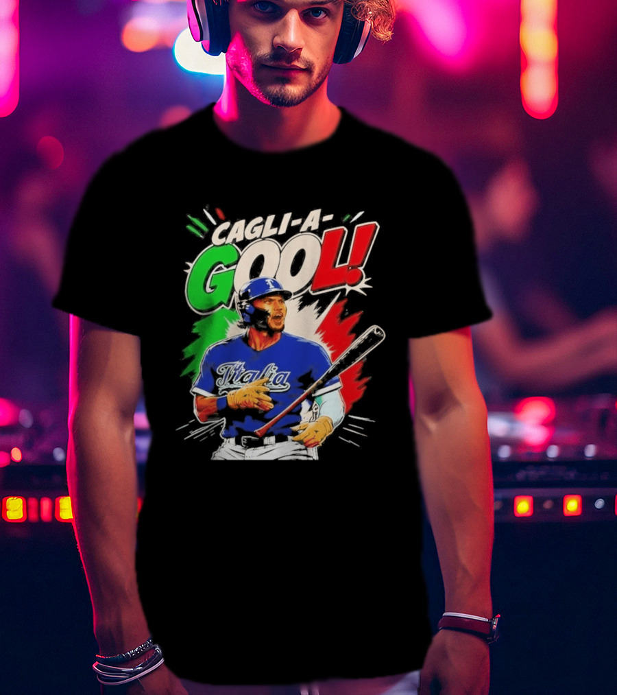 Cagli A Gool Italia Baseball Player Hitter With Italian Flag T-Shirt