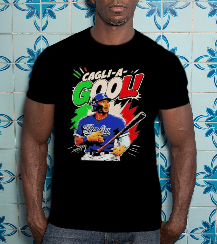 Cagli A Gool Italia Baseball Player Hitter With Italian Flag T-Shirt
