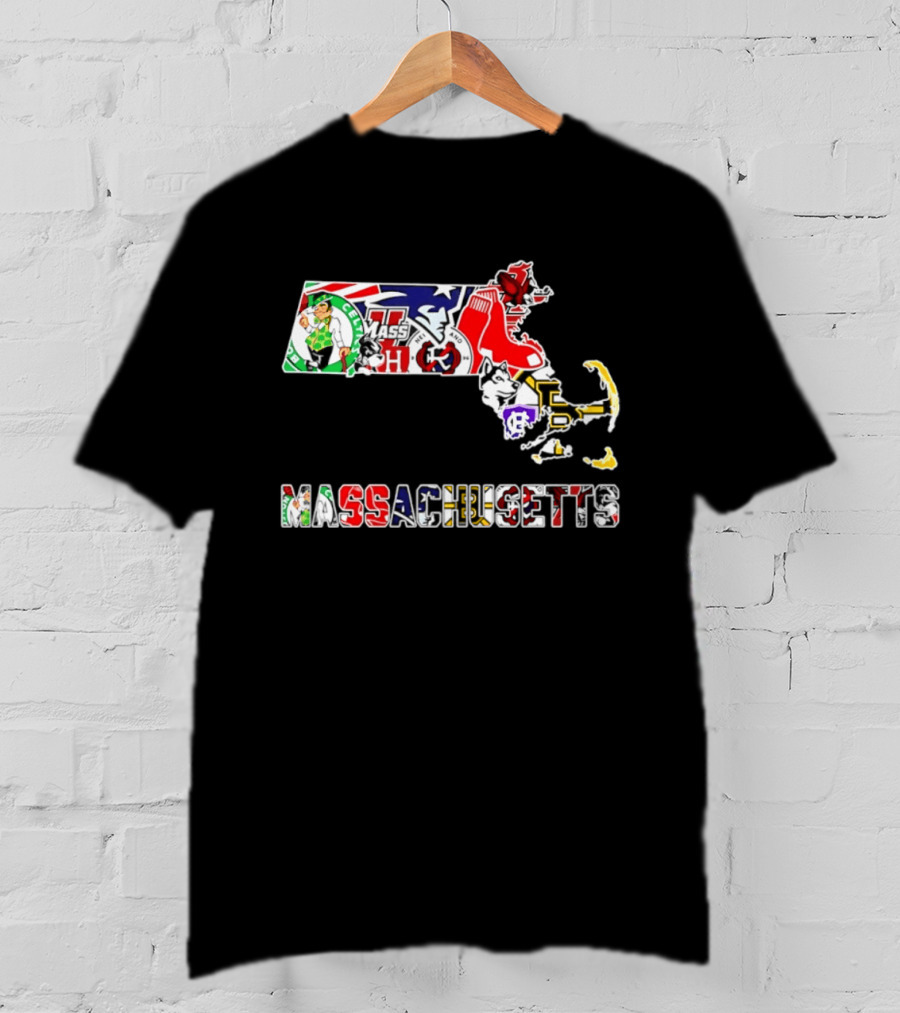 Massachusetts Sports Teams Collage Map Celtics Patriots Red Sox Bruins Revolution T-Shirt