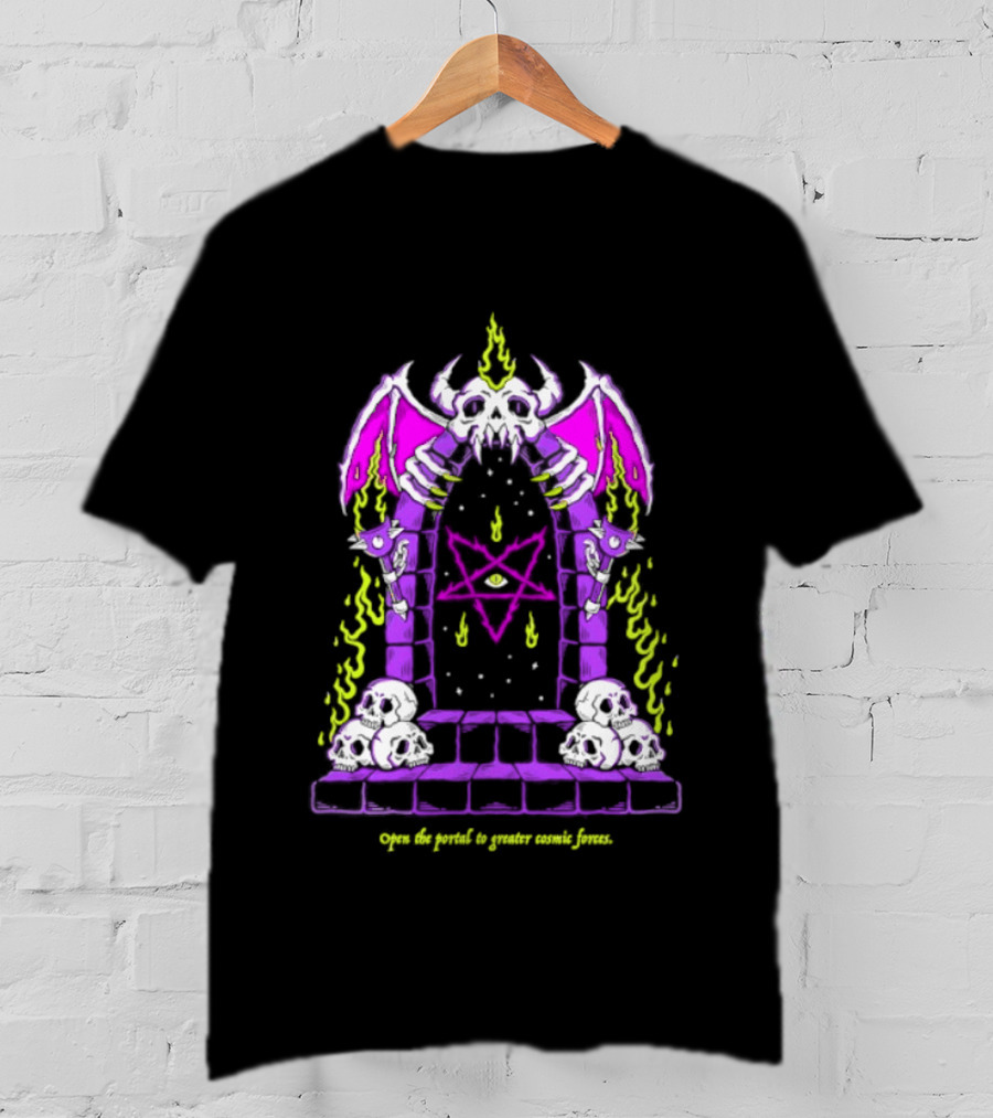 Open The Portal To Greater Cosmic Forces Pentagram Skull With Bat Wings And All Seeing Eye T-Shirt