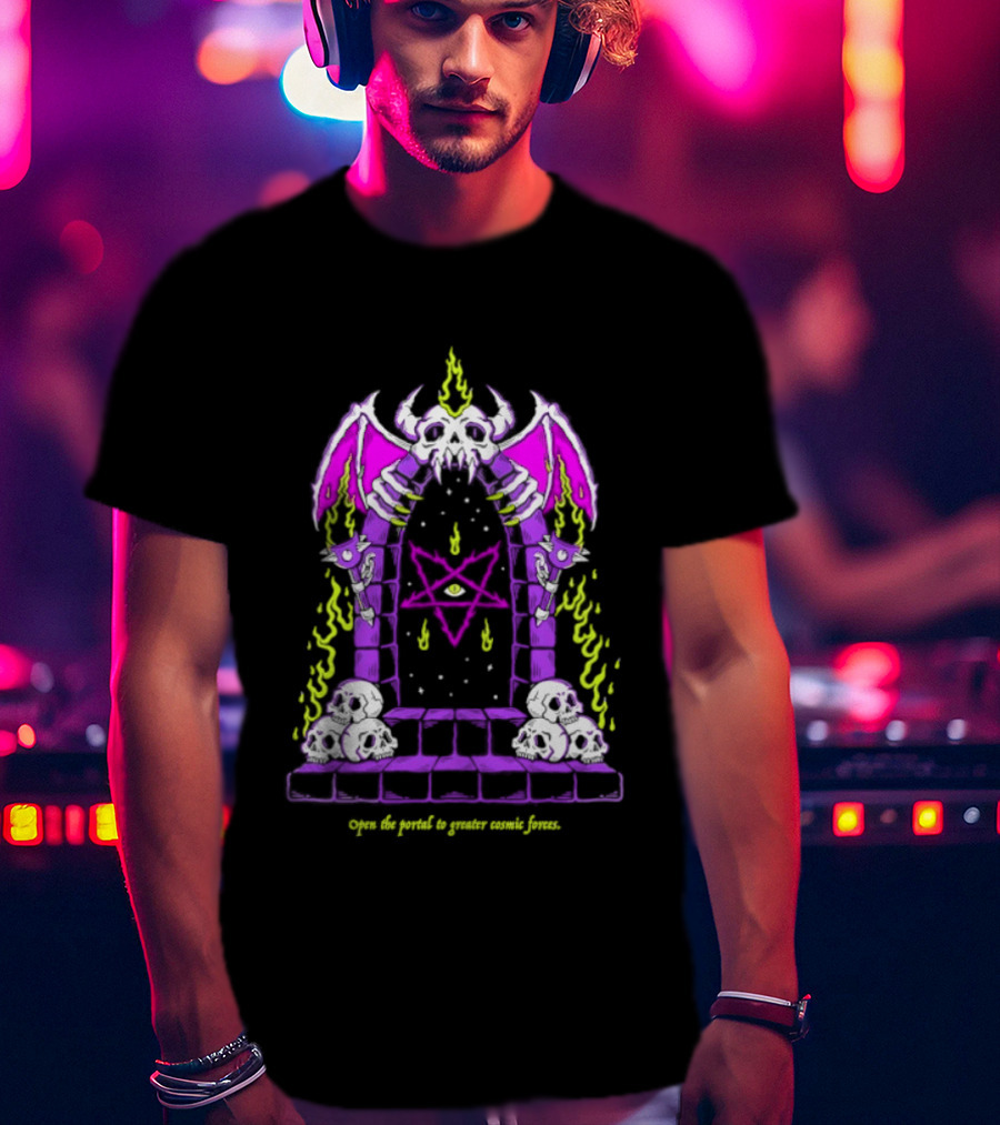 Open The Portal To Greater Cosmic Forces Pentagram Skull With Bat Wings And All Seeing Eye T-Shirt