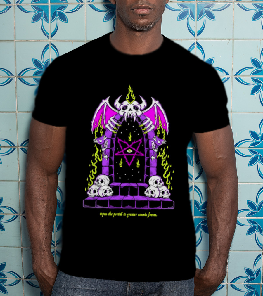 Open The Portal To Greater Cosmic Forces Pentagram Skull With Bat Wings And All Seeing Eye T-Shirt
