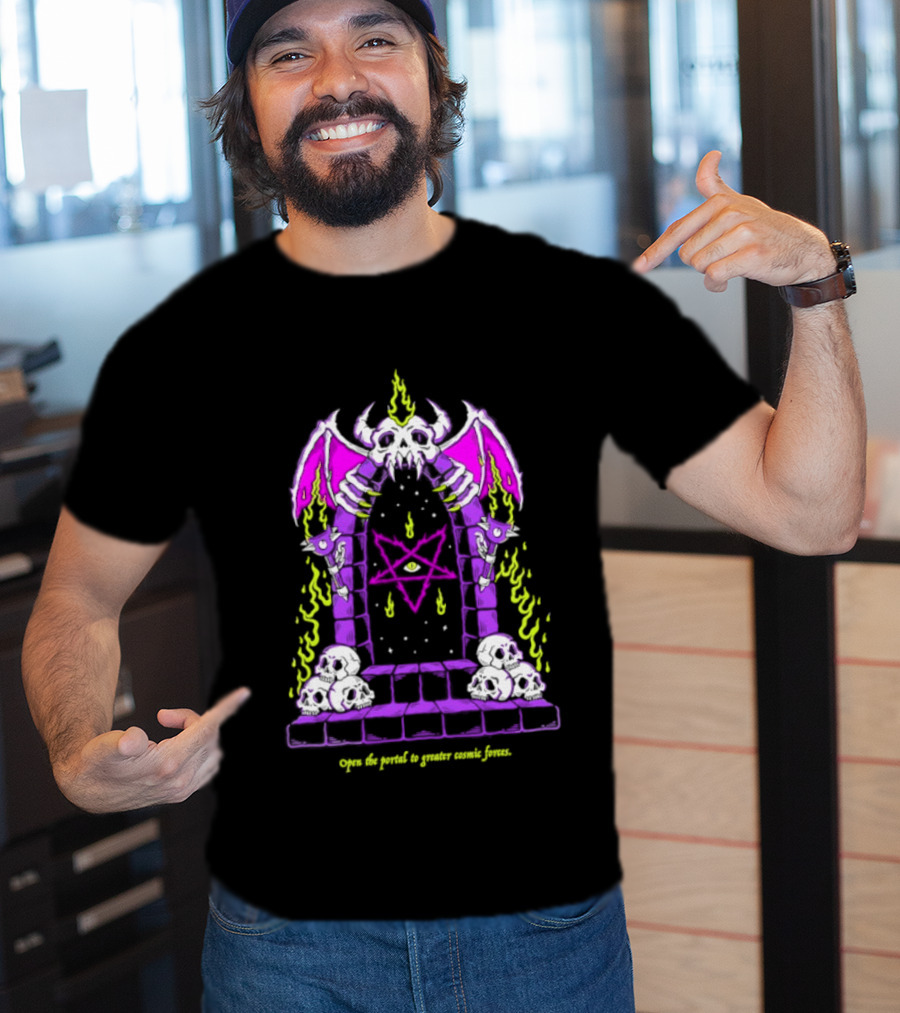 Open The Portal To Greater Cosmic Forces Pentagram Skull With Bat Wings And All Seeing Eye T-Shirt