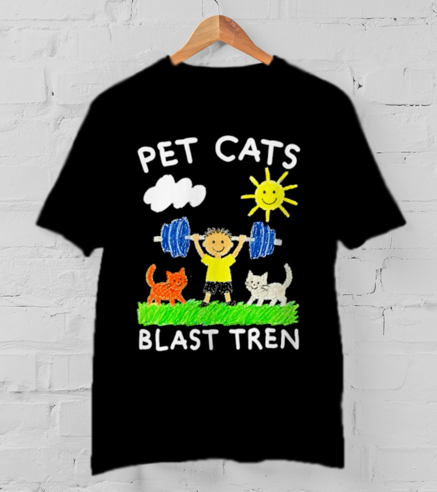 Pet Cats Blast Tren Bodybuilding Gym Child With Weights Sun And Clouds T-Shirt