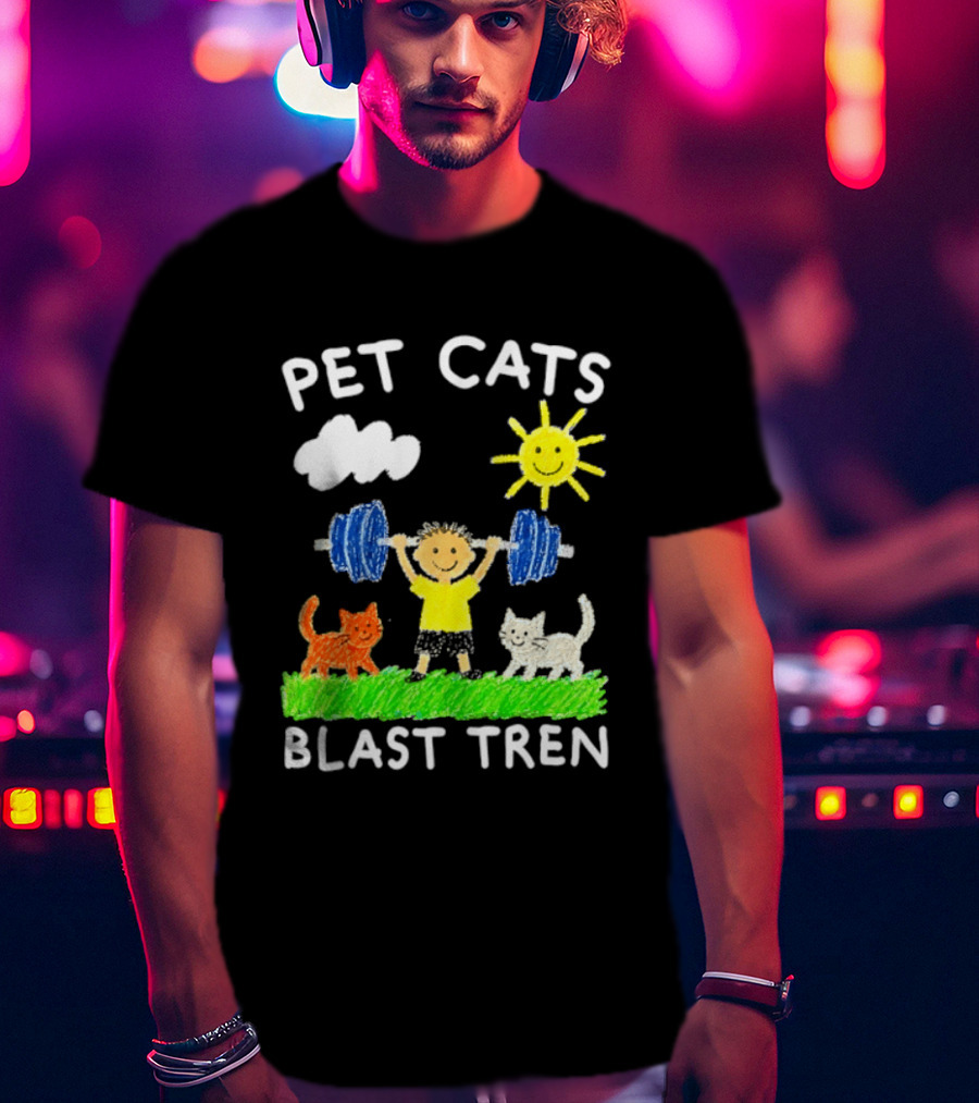 Pet Cats Blast Tren Bodybuilding Gym Child With Weights Sun And Clouds T-Shirt