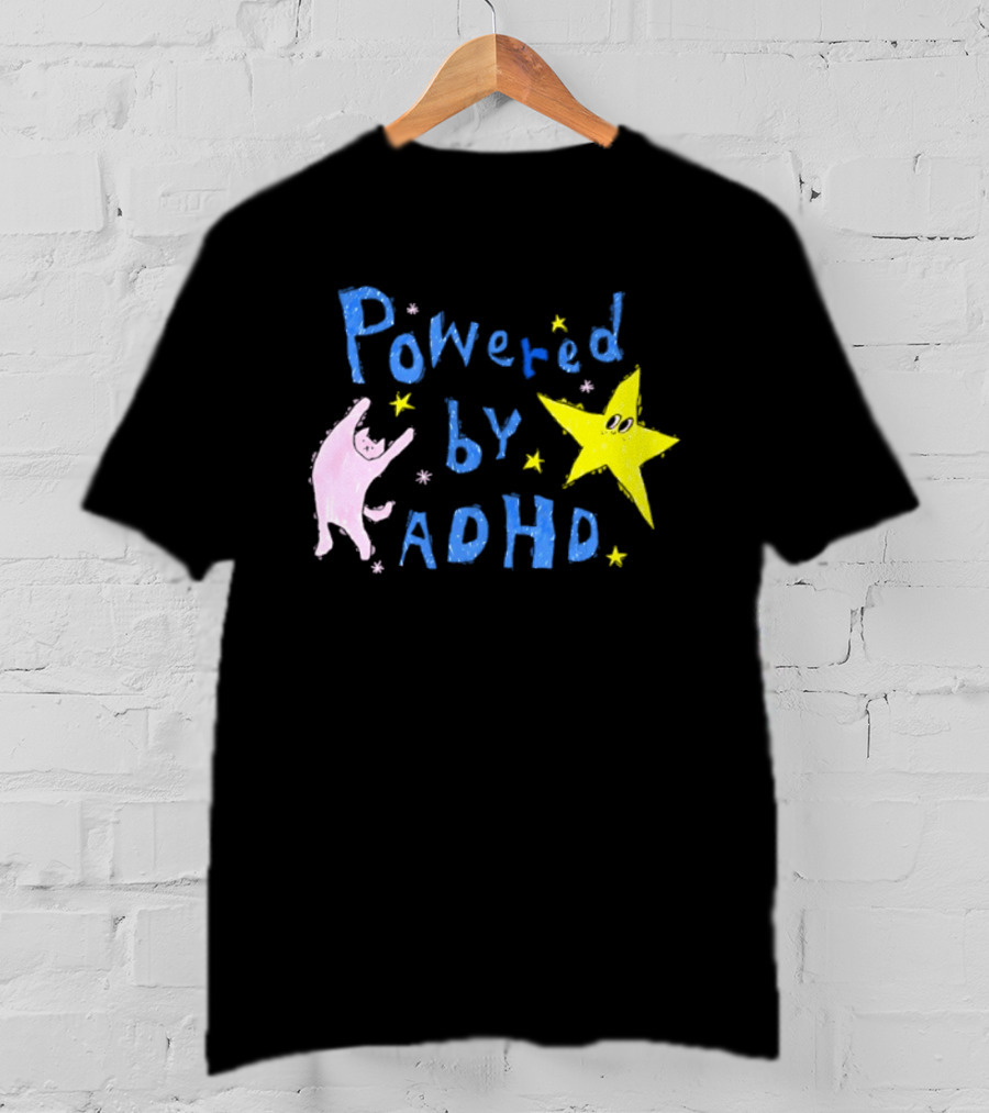 Powered By ADHD Neurodivergent Star And Cat With Yellow Stars T-Shirt
