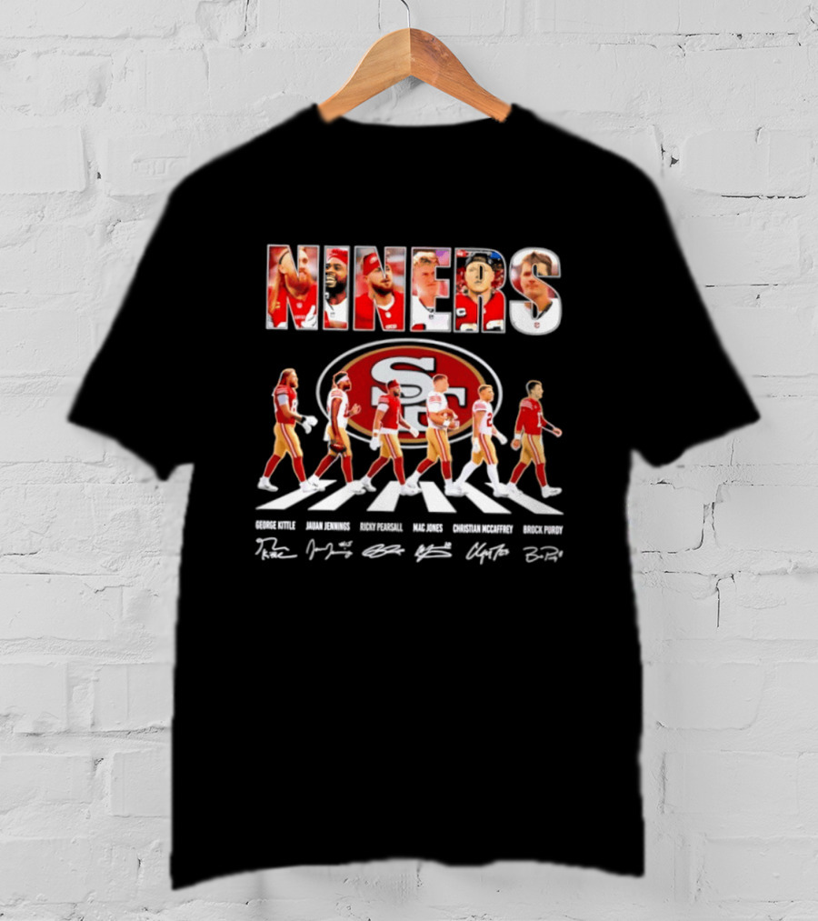 San Francisco 49ers George Kittle Jauan Jennings Ricky Pearsall Mac Jones Christian McCaffrey NINERS Walk NFL Legends Signatures T-Shirt