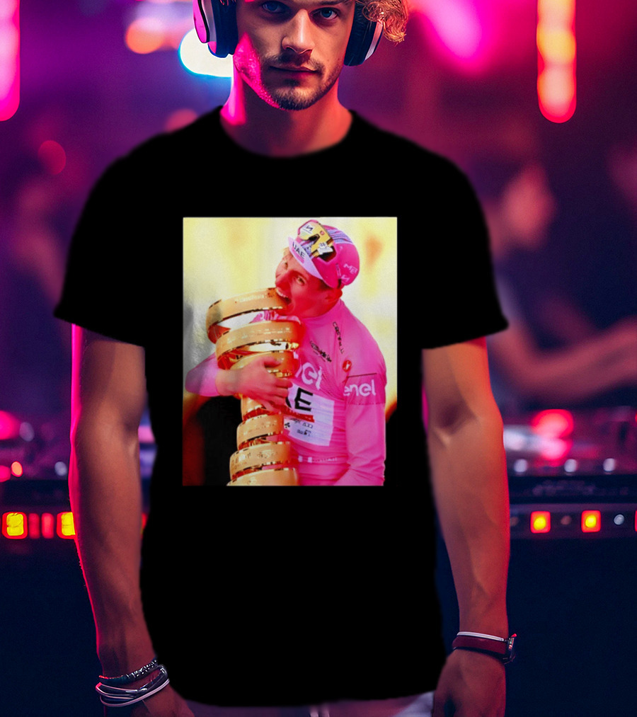 Tadej Pogacar 2024 Giro D'Italia Trophy Celebration In Pink Jersey T-Shirt
