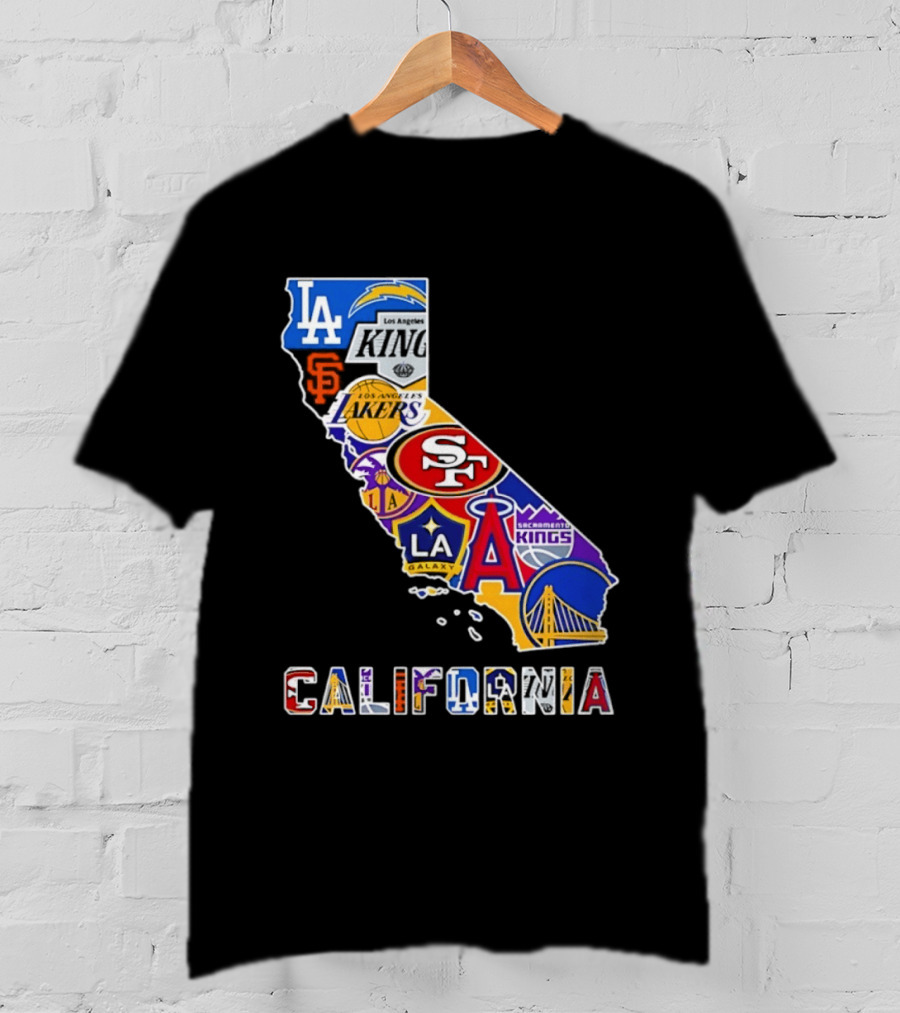 California Map Collage With 49ers Lakers Kings Giants Angels Dodgers Logos 2026 T-Shirt