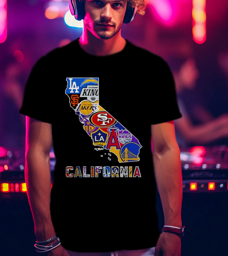 California Map Collage With 49ers Lakers Kings Giants Angels Dodgers Logos 2026 T-Shirt