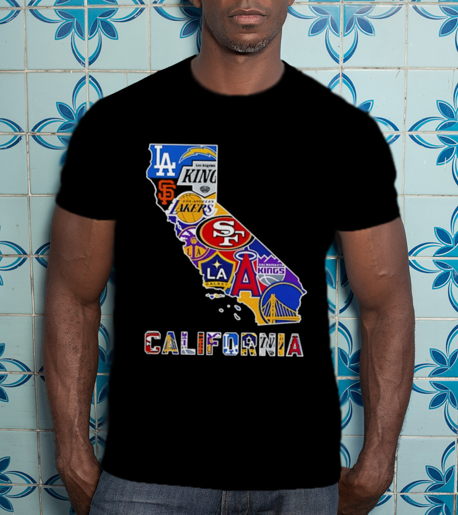 California Map Collage With 49ers Lakers Kings Giants Angels Dodgers Logos 2026 T-Shirt