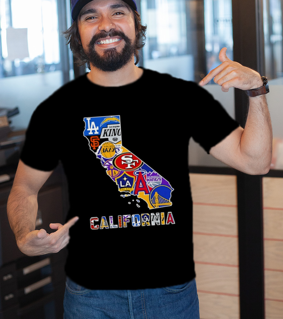 California Map Collage With 49ers Lakers Kings Giants Angels Dodgers Logos 2026 T-Shirt