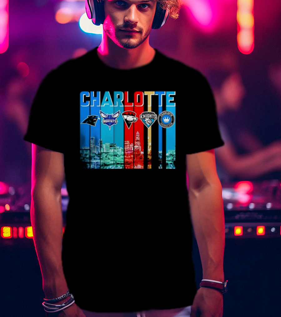 Charlotte Panthers Hornets Knights City Skyline Sports Team Logos T-Shirt