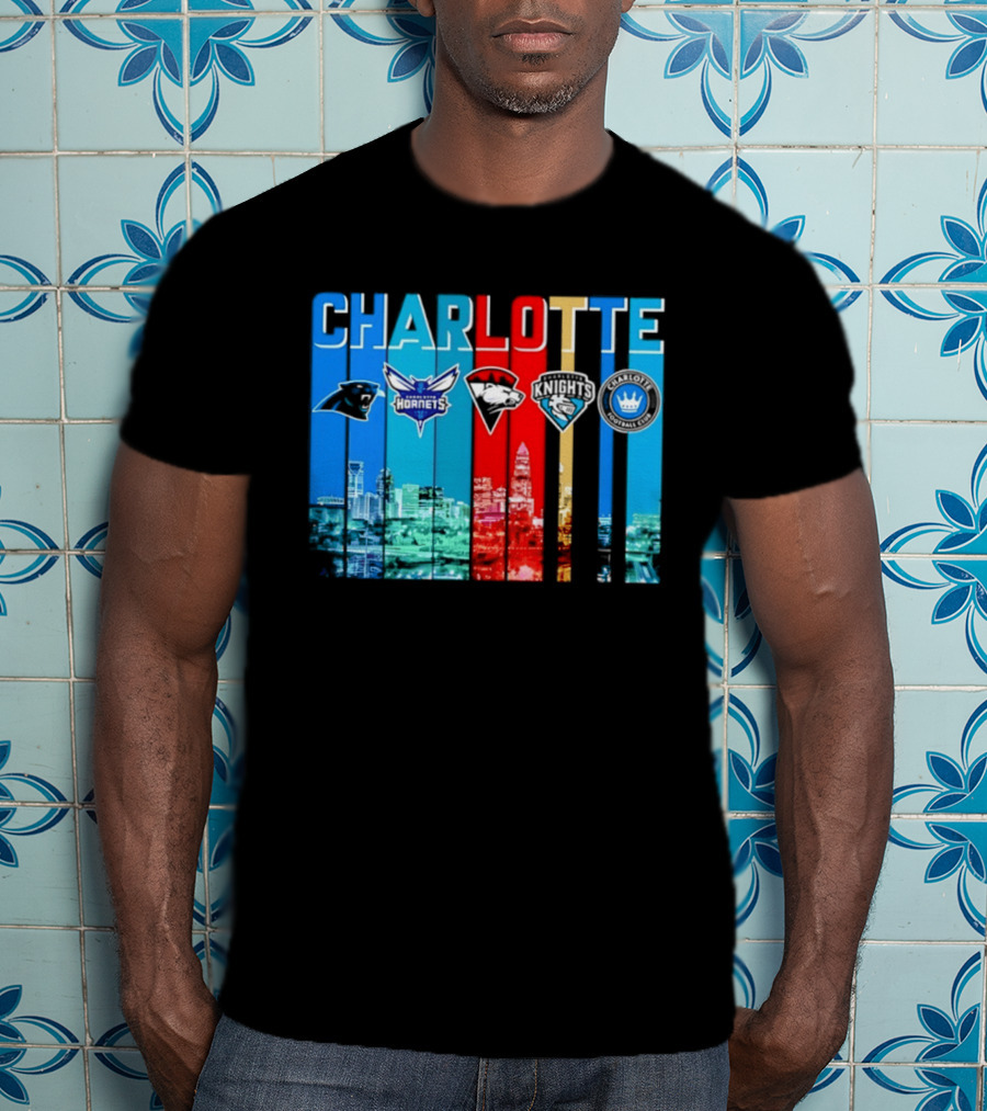 Charlotte Panthers Hornets Knights City Skyline Sports Team Logos T-Shirt