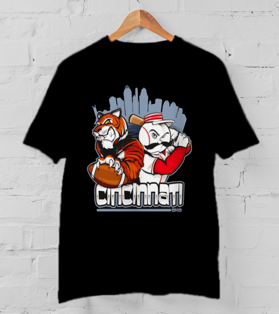 Cincinnati Reds Bengals Skyline Ohio Tiger And Baseball Character 2026 T-Shirt