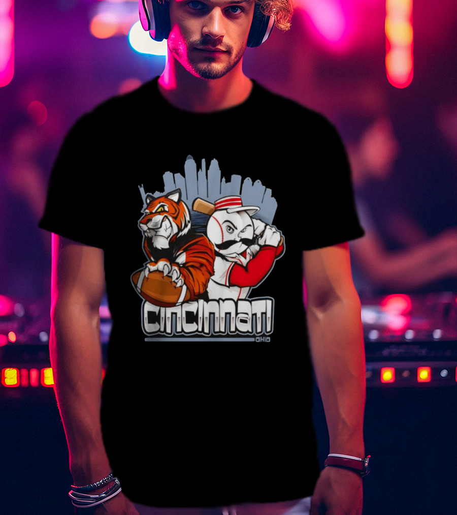 Cincinnati Reds Bengals Skyline Ohio Tiger And Baseball Character 2026 T-Shirt