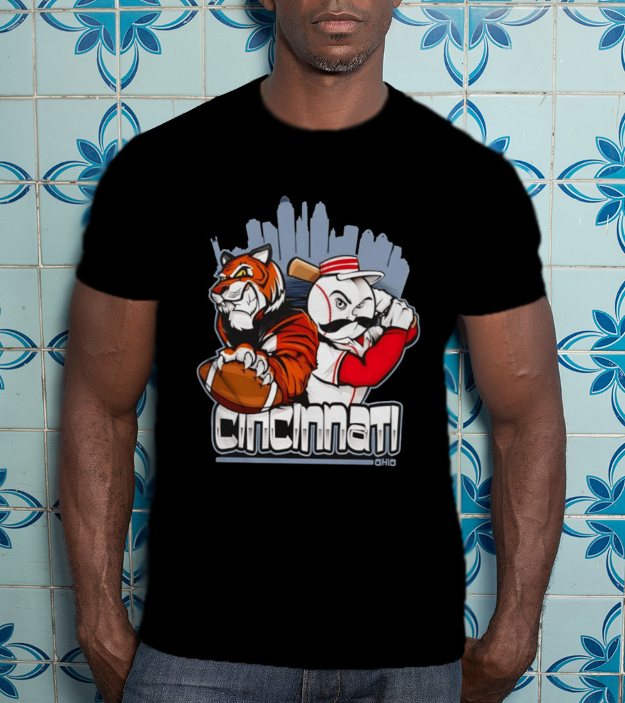 Cincinnati Reds Bengals Skyline Ohio Tiger And Baseball Character 2026 T-Shirt