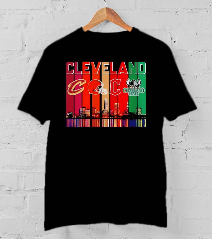 Cleveland Cavaliers Browns Guardians Cleveland State Vikings City Skyline T-Shirt