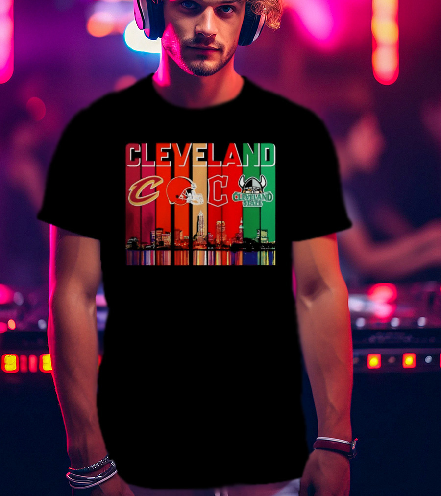 Cleveland Cavaliers Browns Guardians Cleveland State Vikings City Skyline T-Shirt