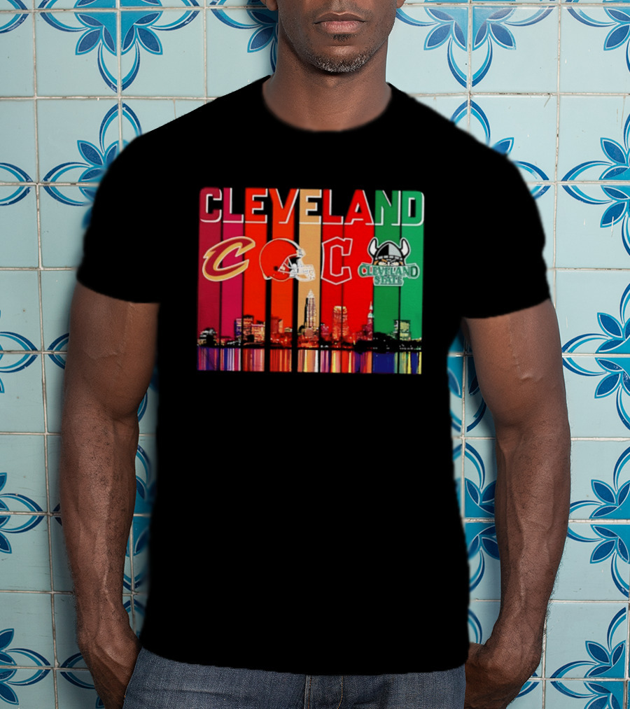 Cleveland Cavaliers Browns Guardians Cleveland State Vikings City Skyline T-Shirt
