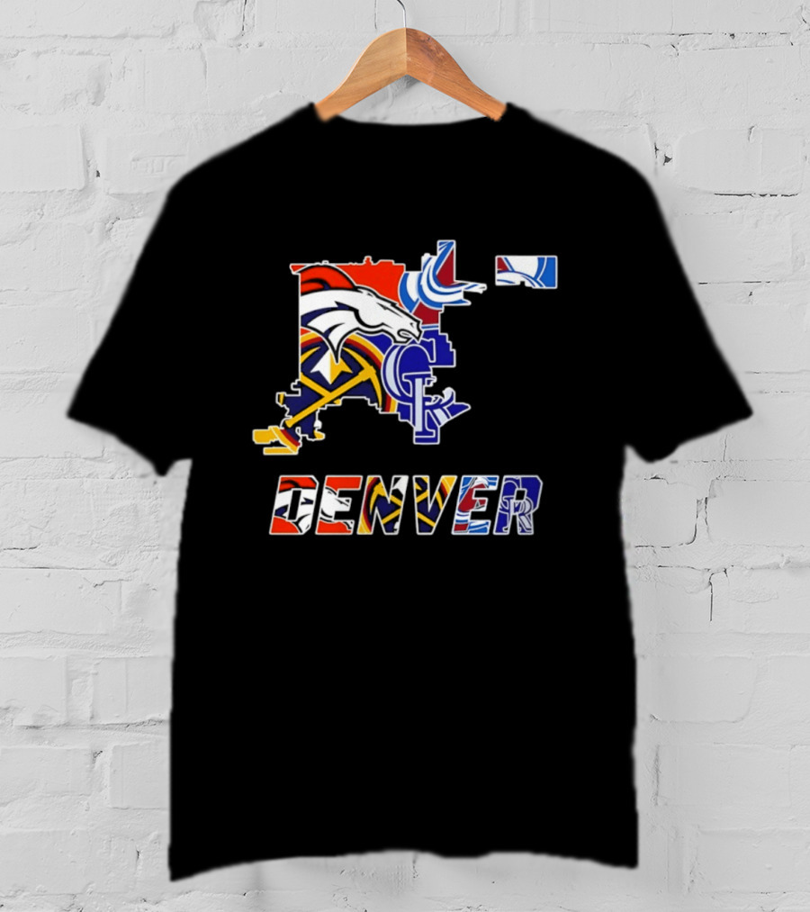 Denver Broncos Nuggets Avalanche Rockies Map Sports Team Logos T-Shirt