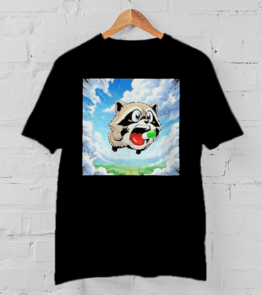 Jimothy Raccoon Cartoon Sky Dive With Colorful Capsule T-Shirt