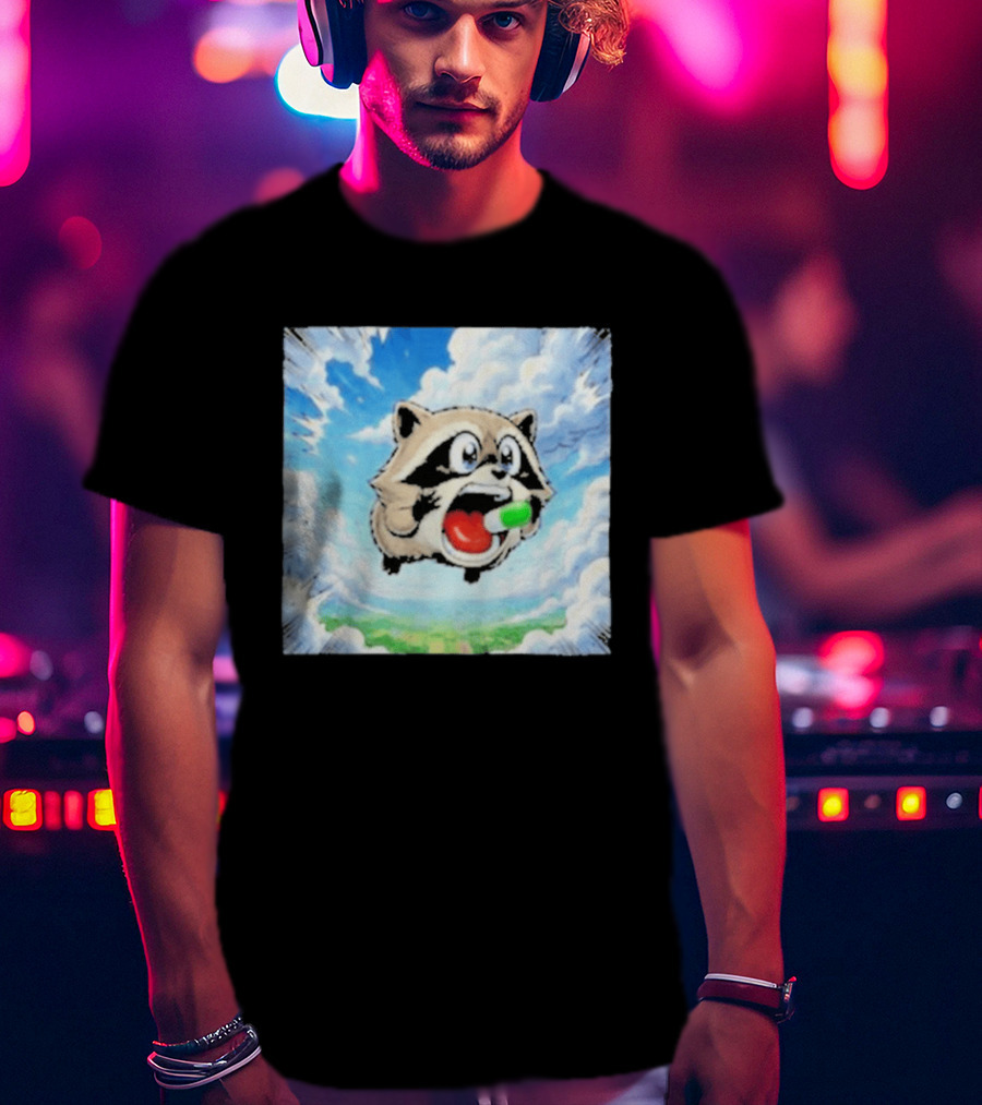 Jimothy Raccoon Cartoon Sky Dive With Colorful Capsule T-Shirt