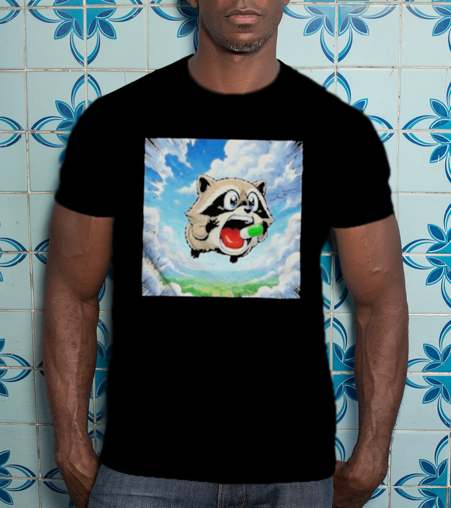 Jimothy Raccoon Cartoon Sky Dive With Colorful Capsule T-Shirt