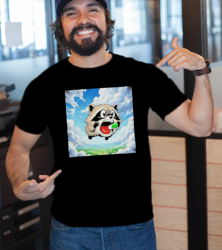 Jimothy Raccoon Cartoon Sky Dive With Colorful Capsule T-Shirt
