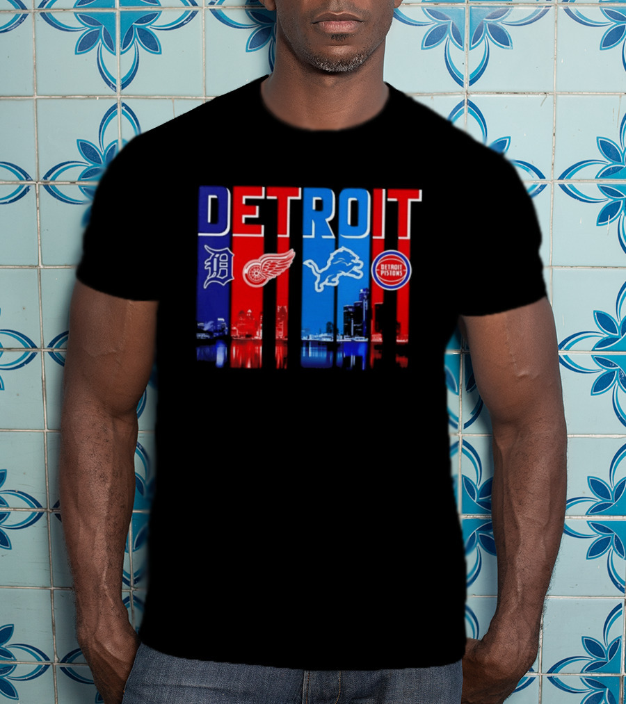 Detroit Tigers Red Wings Lions Pistons City Skyline 2026 T-Shirt
