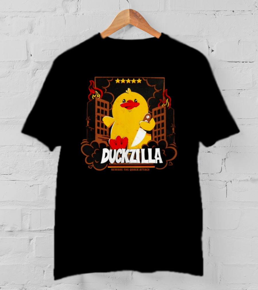 Duckzilla Beware The Quack Attack Knife Wielding Giant Duck With Burning Buildings T-Shirt