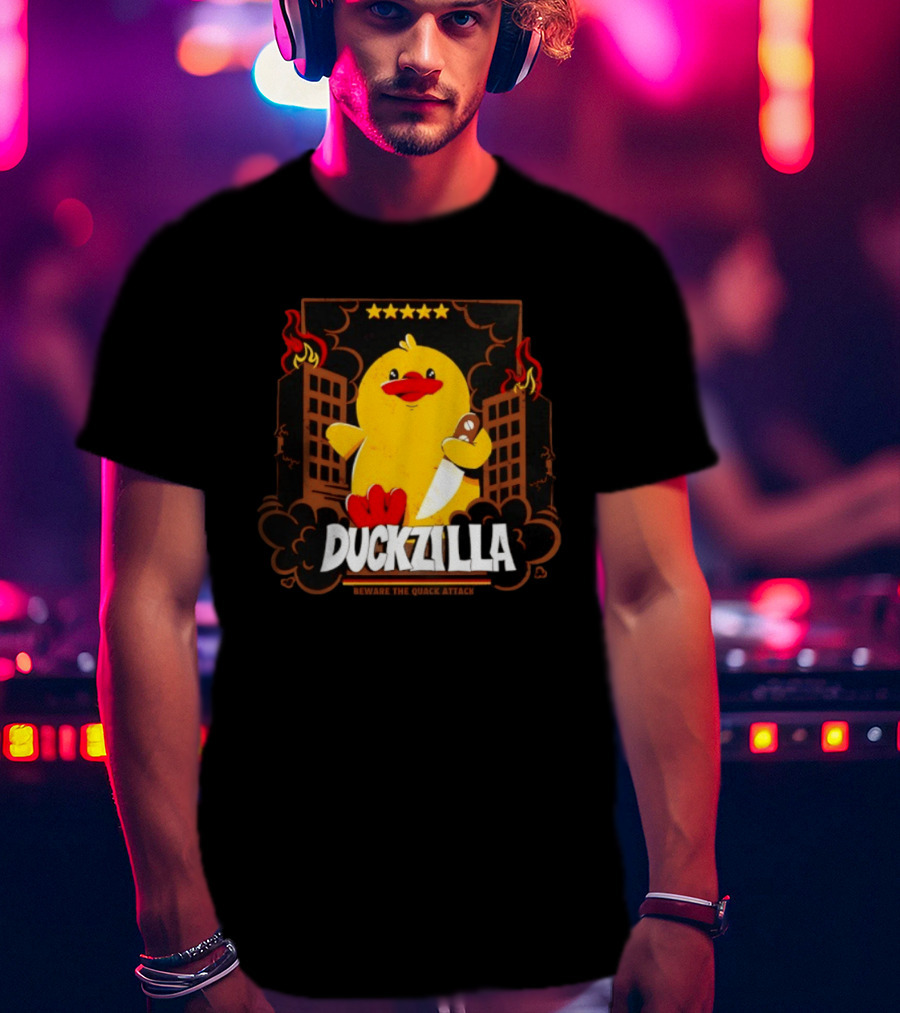 Duckzilla Beware The Quack Attack Knife Wielding Giant Duck With Burning Buildings T-Shirt