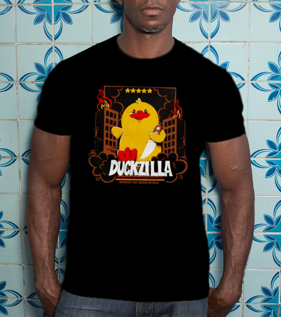 Duckzilla Beware The Quack Attack Knife Wielding Giant Duck With Burning Buildings T-Shirt