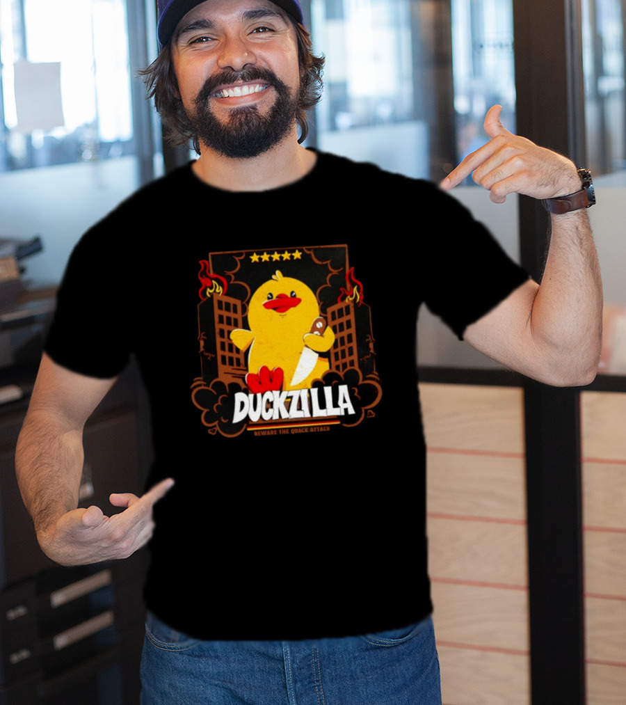Duckzilla Beware The Quack Attack Knife Wielding Giant Duck With Burning Buildings T-Shirt