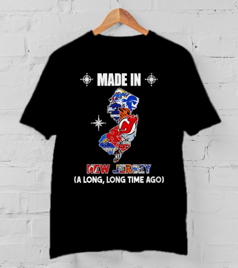 Made In New Jersey State Sports And College Team Logos Map A Long Long Time Ago T-Shirt