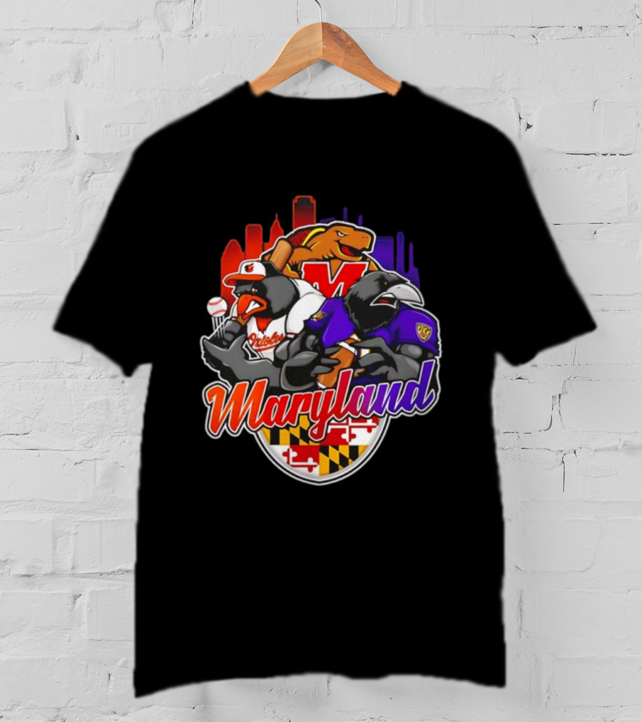 Maryland Orioles Ravens Terrapins Skyline Mashup With Flag T-Shirt
