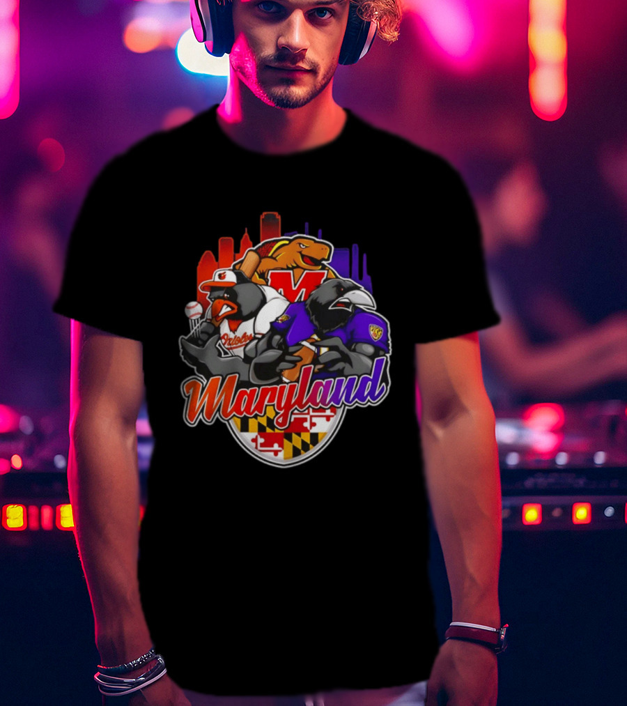 Maryland Orioles Ravens Terrapins Skyline Mashup With Flag T-Shirt