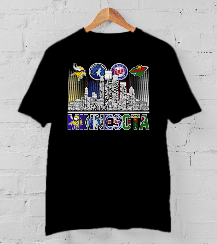 Minnesota Vikings Timberwolves Twins Wild Skyline Roster Names T-Shirt