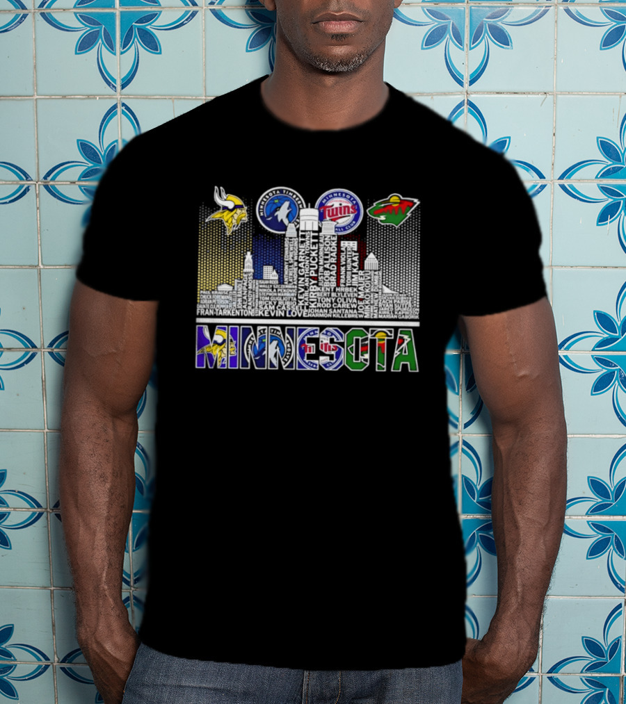 Minnesota Vikings Timberwolves Twins Wild Skyline Roster Names T-Shirt