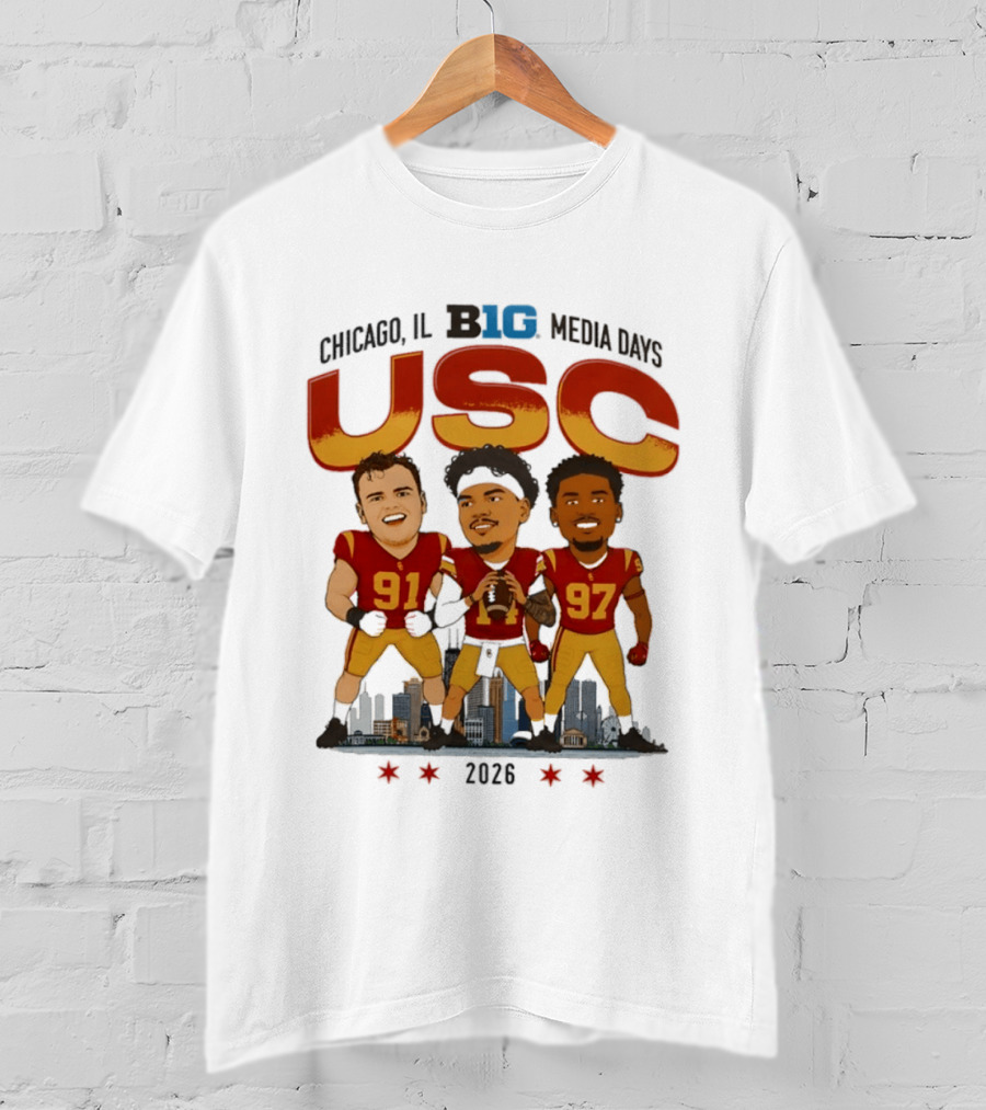 USC Trojans Big Ten Media Days 2026 Chicago Skyline Caricature Jayden Maiava Alex VanSumeren Jide Abasiri T-Shirt
