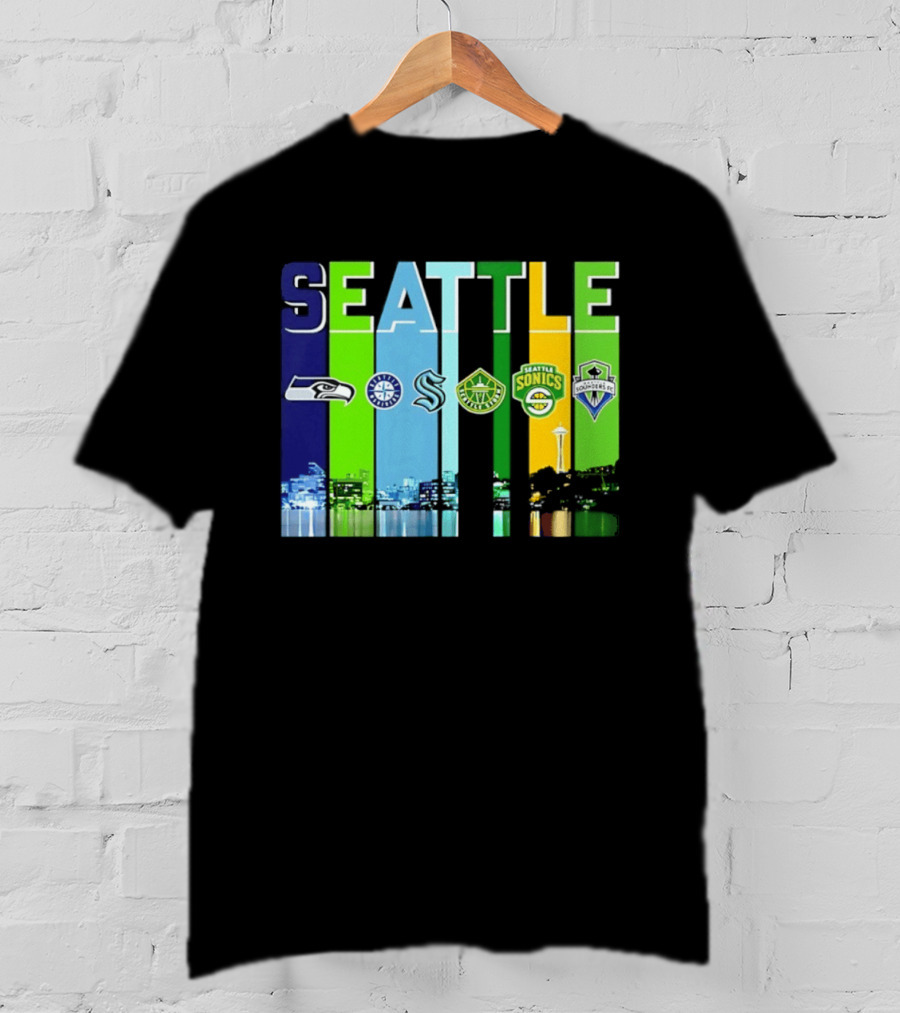 Seattle Seahawks Mariners Kraken Sonics Storm Sounders City Skyline T-Shirt