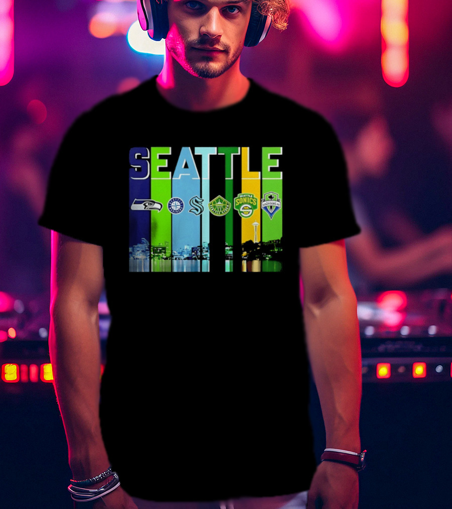 Seattle Seahawks Mariners Kraken Sonics Storm Sounders City Skyline T-Shirt
