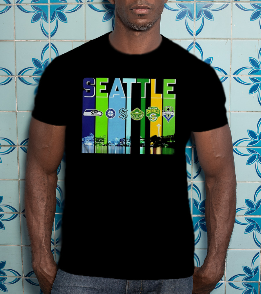 Seattle Seahawks Mariners Kraken Sonics Storm Sounders City Skyline T-Shirt