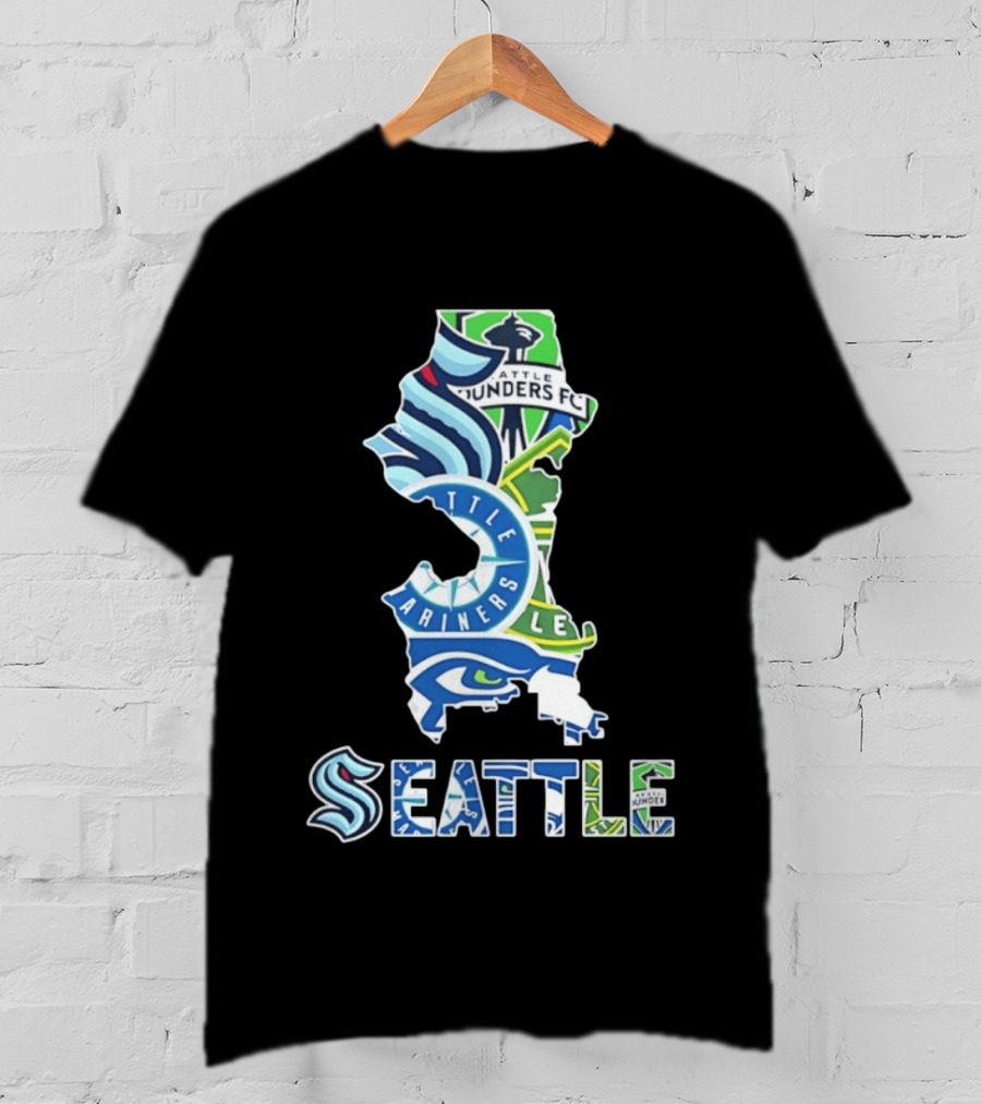 Seattle Kraken Mariners Seahawks Sounders FC Map Collage 2026 T-Shirt