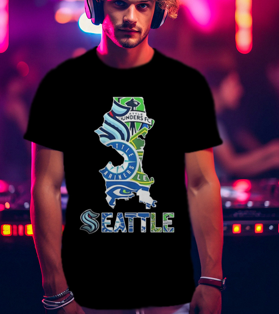 Seattle Kraken Mariners Seahawks Sounders FC Map Collage 2026 T-Shirt