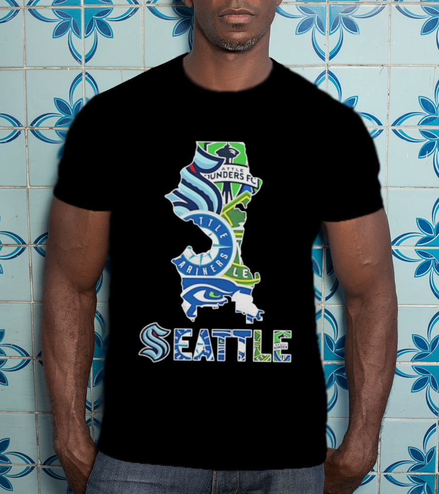 Seattle Kraken Mariners Seahawks Sounders FC Map Collage 2026 T-Shirt
