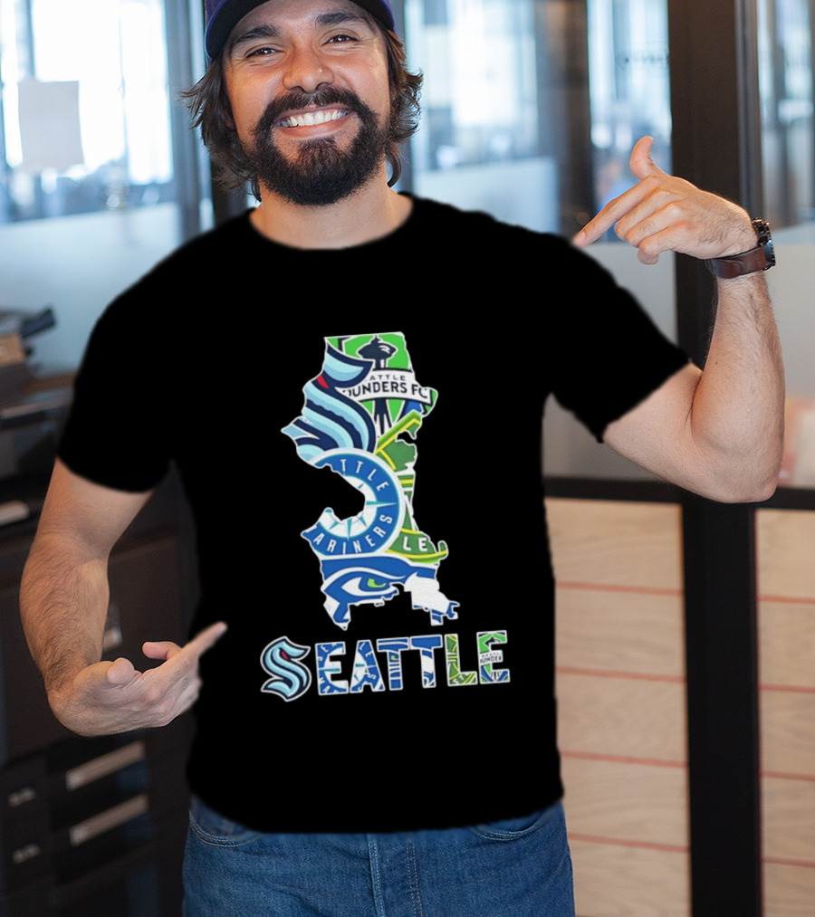Seattle Kraken Mariners Seahawks Sounders FC Map Collage 2026 T-Shirt