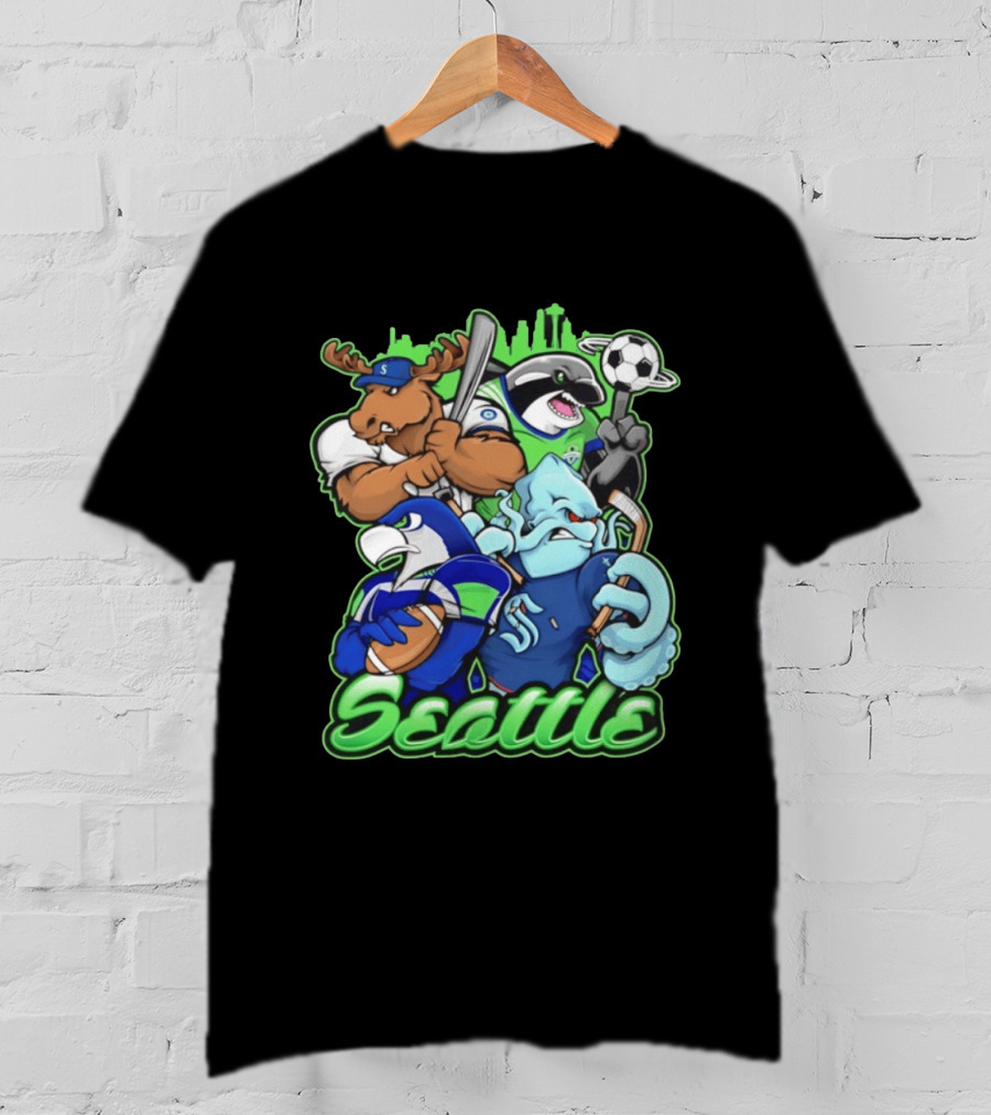 Seattle Sports Team Mascot Mashup With Moose Orca Octopus Bird Skyline T-Shirt