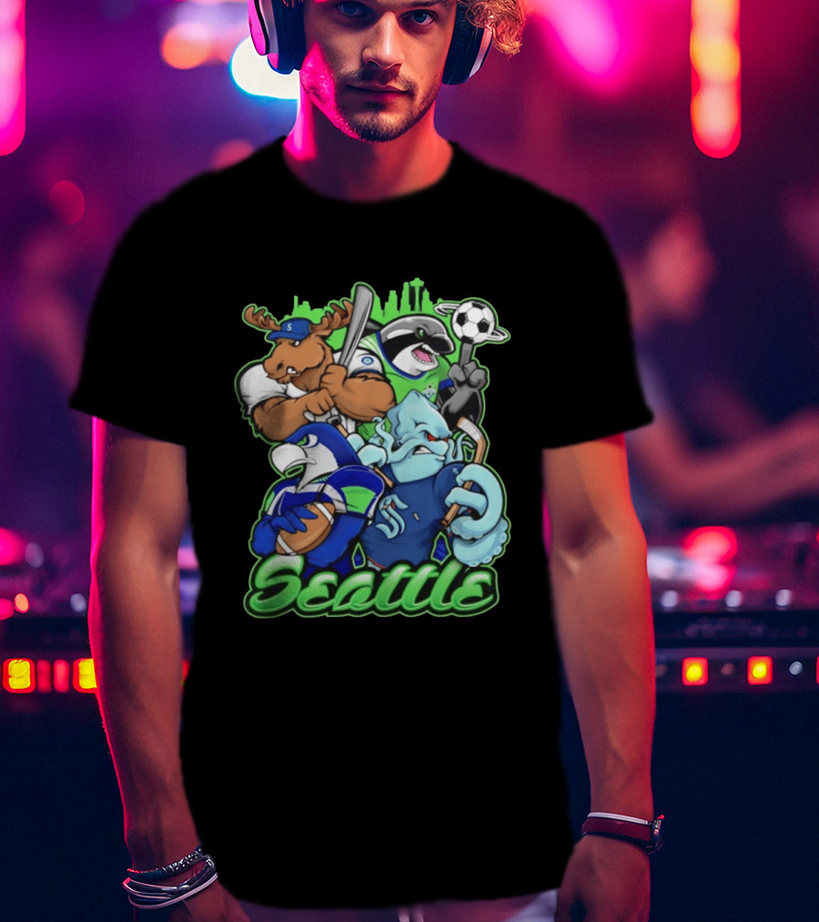 Seattle Sports Team Mascot Mashup With Moose Orca Octopus Bird Skyline T-Shirt