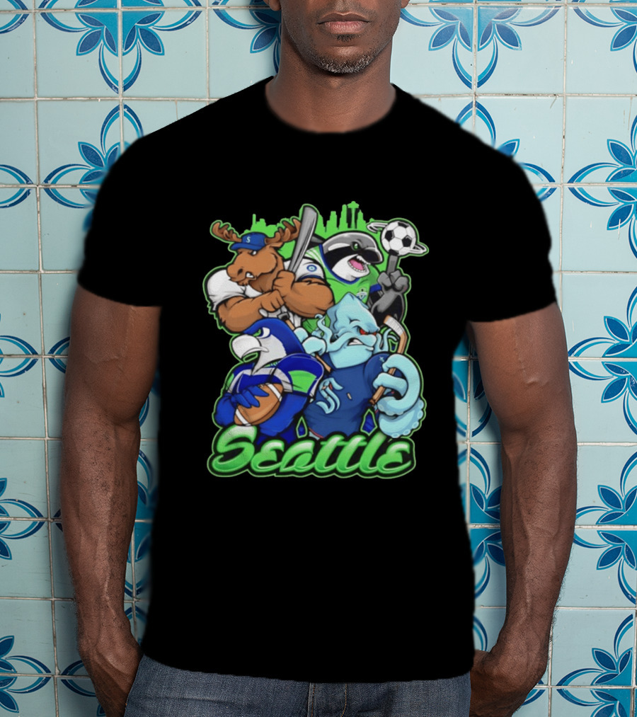 Seattle Sports Team Mascot Mashup With Moose Orca Octopus Bird Skyline T-Shirt